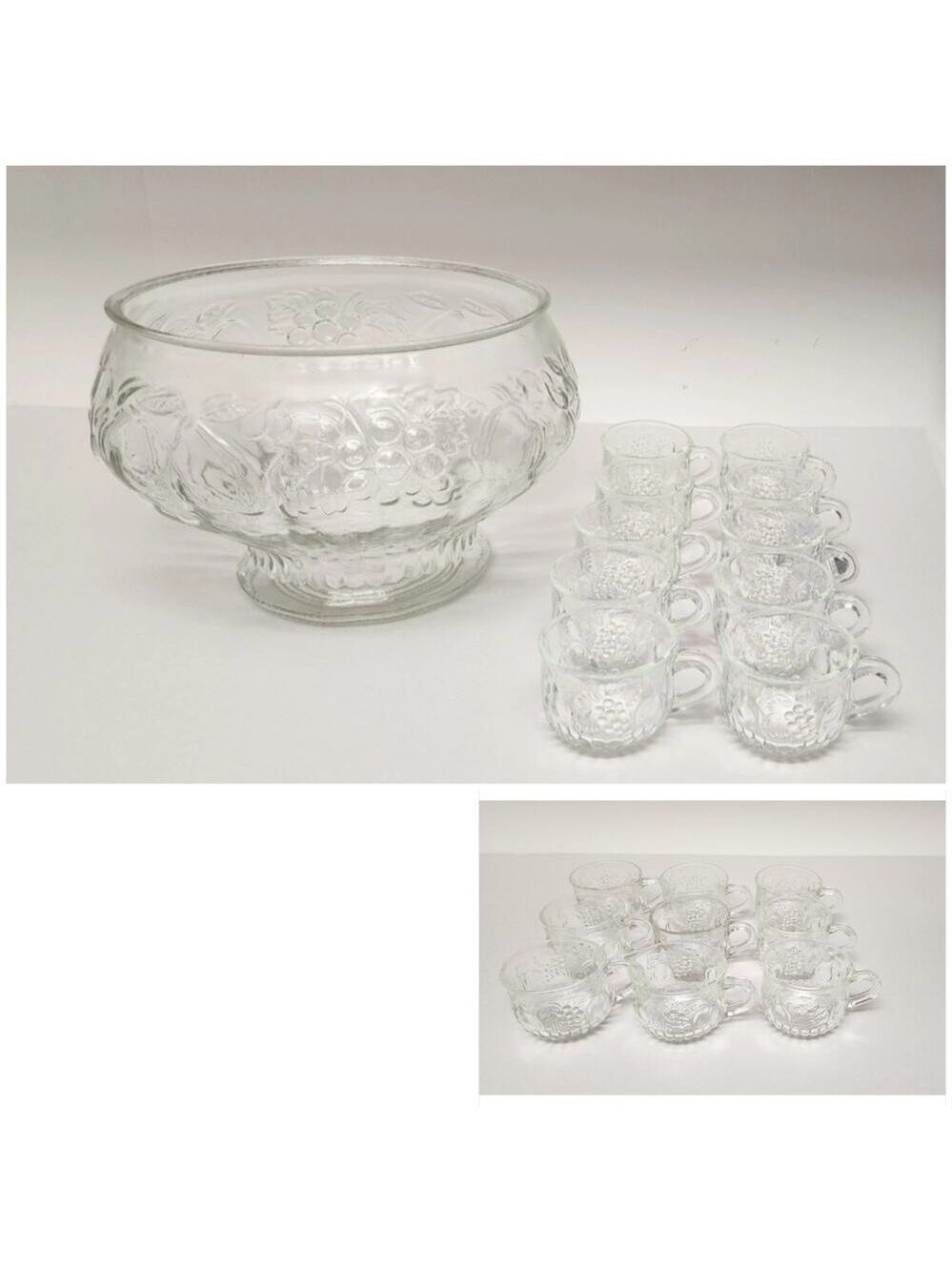 Jeannette 20PCS Glass Fruit Pattern Punch Bowl & Cups Party, Holiday, Hosting